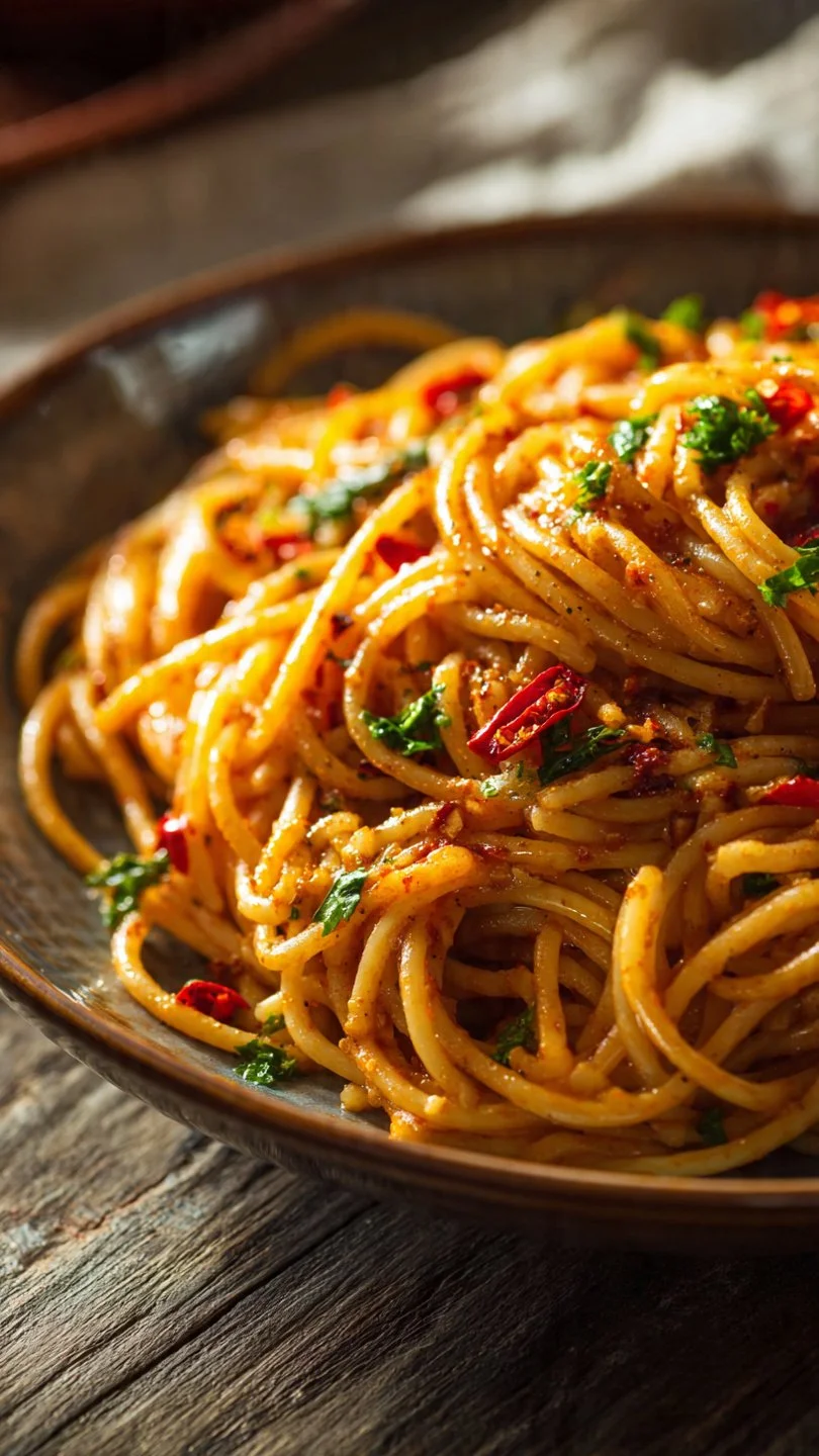 Creamy caramelized onion pasta served in a bowl with herbs on top