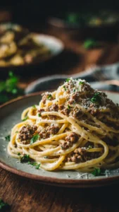 Creamy garlic butter pasta with ground beef served in a bowl