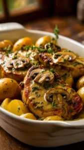 Creamy Garlic Pork Chops served with potatoes on a white plate