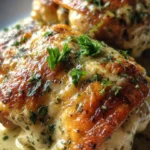 Creamy oven baked chicken thighs garnished and ready to serve.
