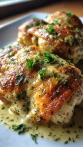 Creamy oven baked chicken thighs garnished and ready to serve.