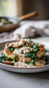 Creamy spinach mushroom pork chops served with a side of vegetables