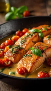 Creamy Tuscan Salmon dish with sun-dried tomatoes and creamy sauce