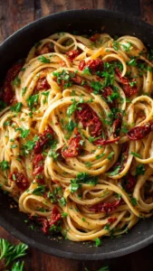 Creamy vegan sun-dried tomato pasta served in a bowl with fresh herbs.