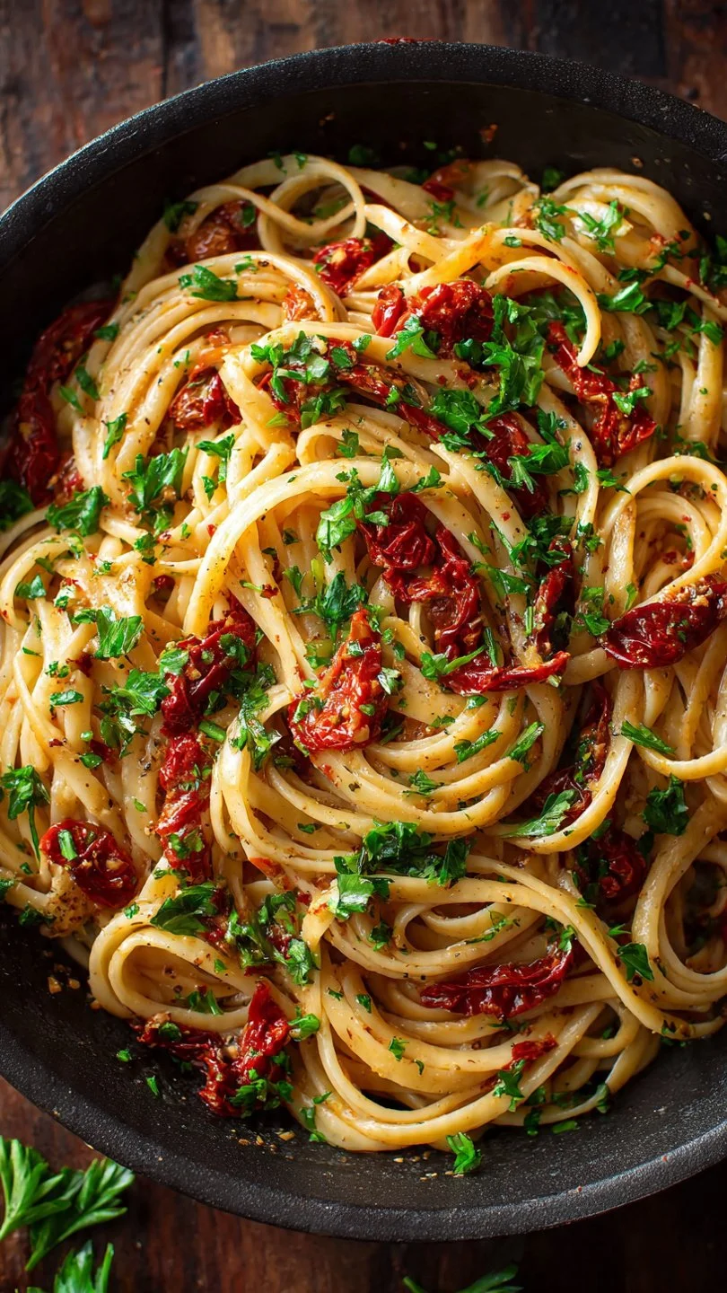 Creamy vegan sun-dried tomato pasta served in a bowl with fresh herbs.