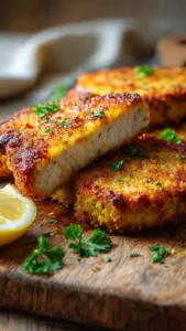 Crispy baked Parmesan pork chops on a serving plate, garnished with herbs.