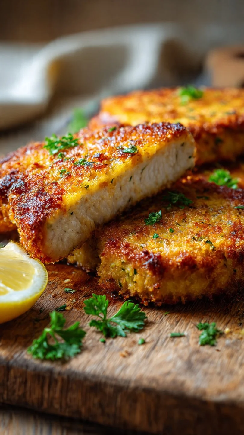 Crispy baked Parmesan pork chops on a serving plate, garnished with herbs.