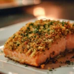 Crispy Parmesan Crusted Baked Salmon served on a white plate with lemon