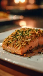 Crispy Parmesan Crusted Baked Salmon served on a white plate with lemon