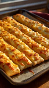 Plate of crispy sourdough cheesy breadsticks with melted cheese