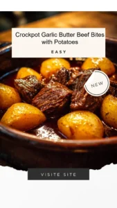 Crockpot garlic butter beef bites with potatoes in a savory sauce
