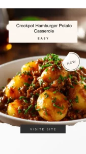 Crockpot hamburger potato casserole served in a bowl with cheese topping.