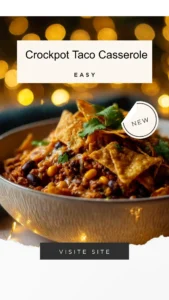 Crockpot Taco Casserole with melted cheese and colorful toppings