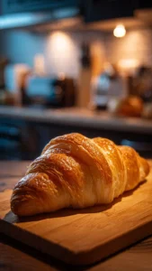 Flaky and golden croissant bread on a wooden table