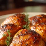 Juicy baked boneless skinless chicken thighs on a plate with herbs