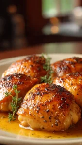 Juicy baked boneless skinless chicken thighs on a plate with herbs