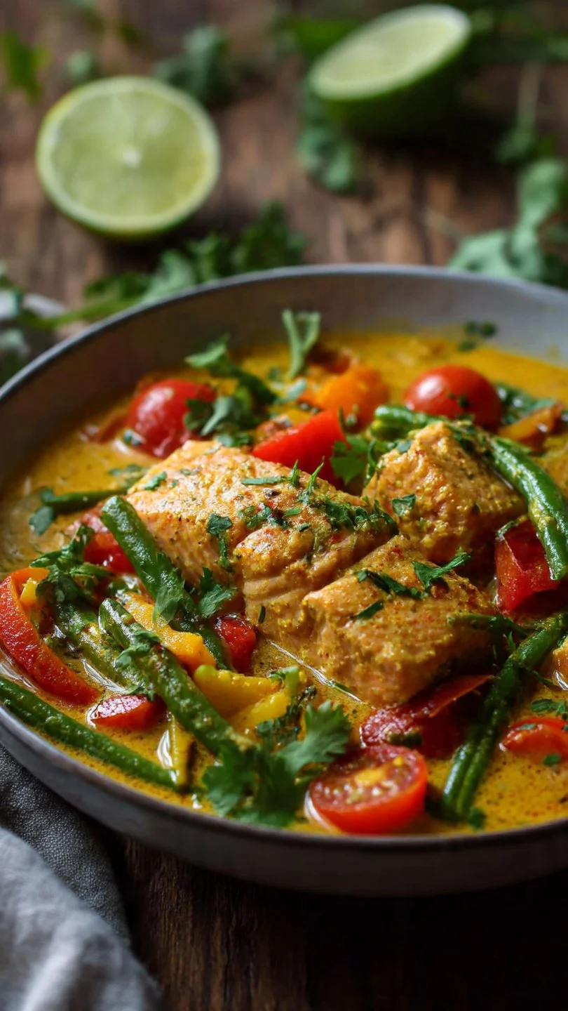 Bowl of easy salmon coconut curry served with rice and fresh herbs.