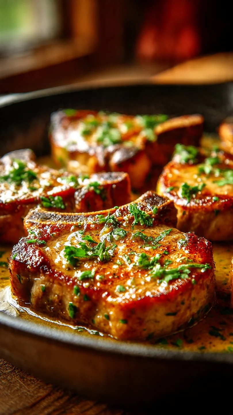 Garlic butter pan-seared pork chops served with herbs and spices