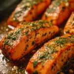 Delicious garlic butter salmon served with lemon and herbs on a plate.