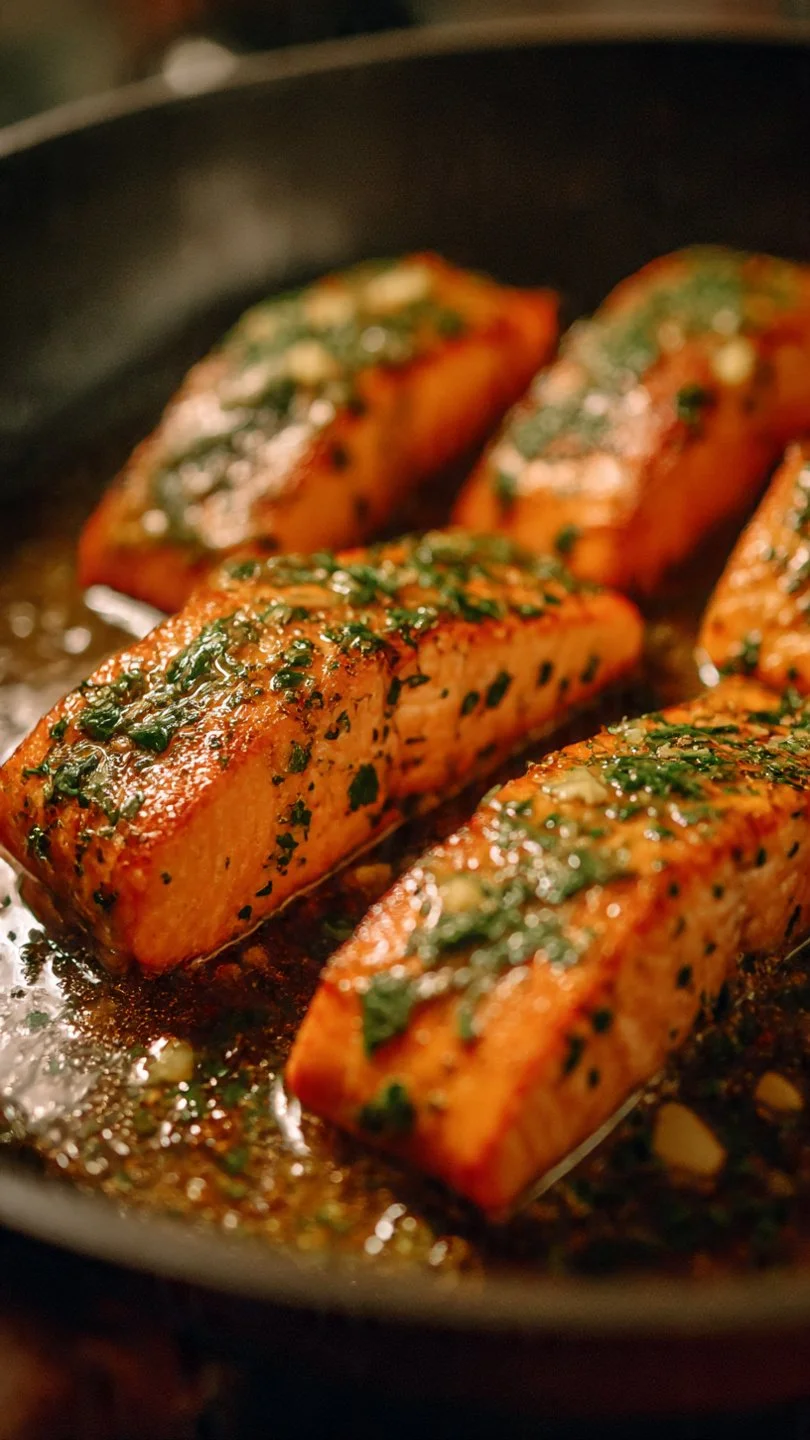Delicious garlic butter salmon served with lemon and herbs on a plate.