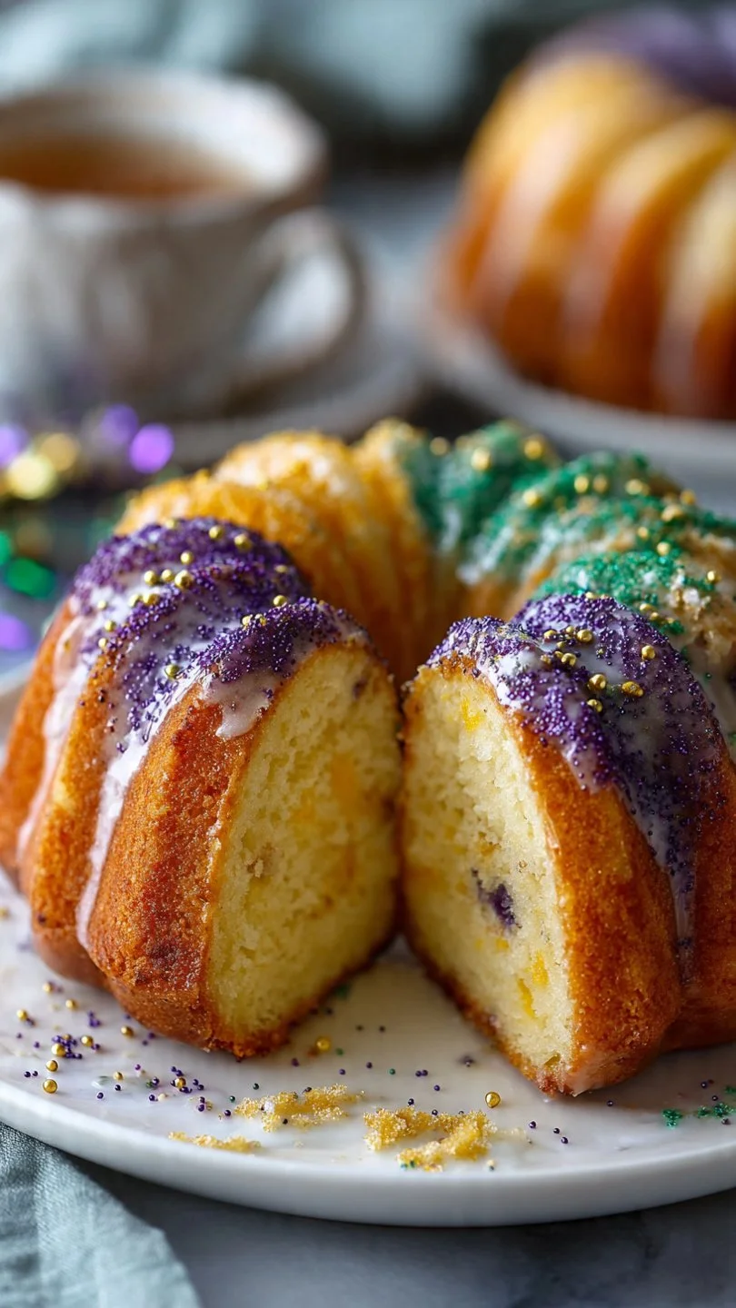 Delicious gluten-free King Cake decorated for Mardi Gras celebration