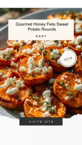 Gourmet honey feta sweet potato rounds garnished with herbs