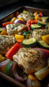 Delicious Greek sheet pan chicken served with colorful vegetables and herbs.