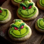 Festive Grinch Drop Sugar Cookies decorated with green frosting and red candies
