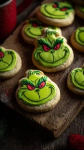 Festive Grinch Drop Sugar Cookies decorated with green frosting and red candies