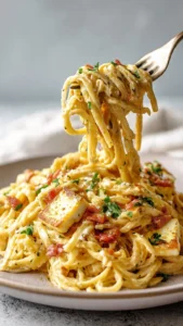 Creamy halloumi carbonara with pasta and herbs
