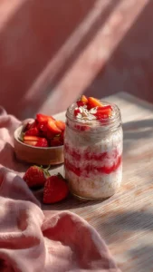 Healthy strawberry cheesecake overnight oats in a jar with fresh strawberries