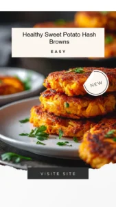 Healthy sweet potato hash browns served on a plate with herbs and spices.