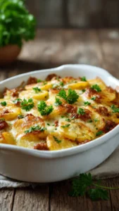 Delicious Hobo Casserole served in a baking dish with vegetables and meat.