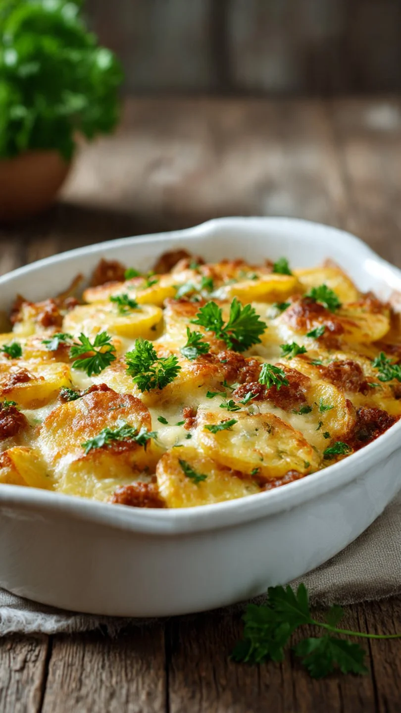 Delicious Hobo Casserole served in a baking dish with vegetables and meat.