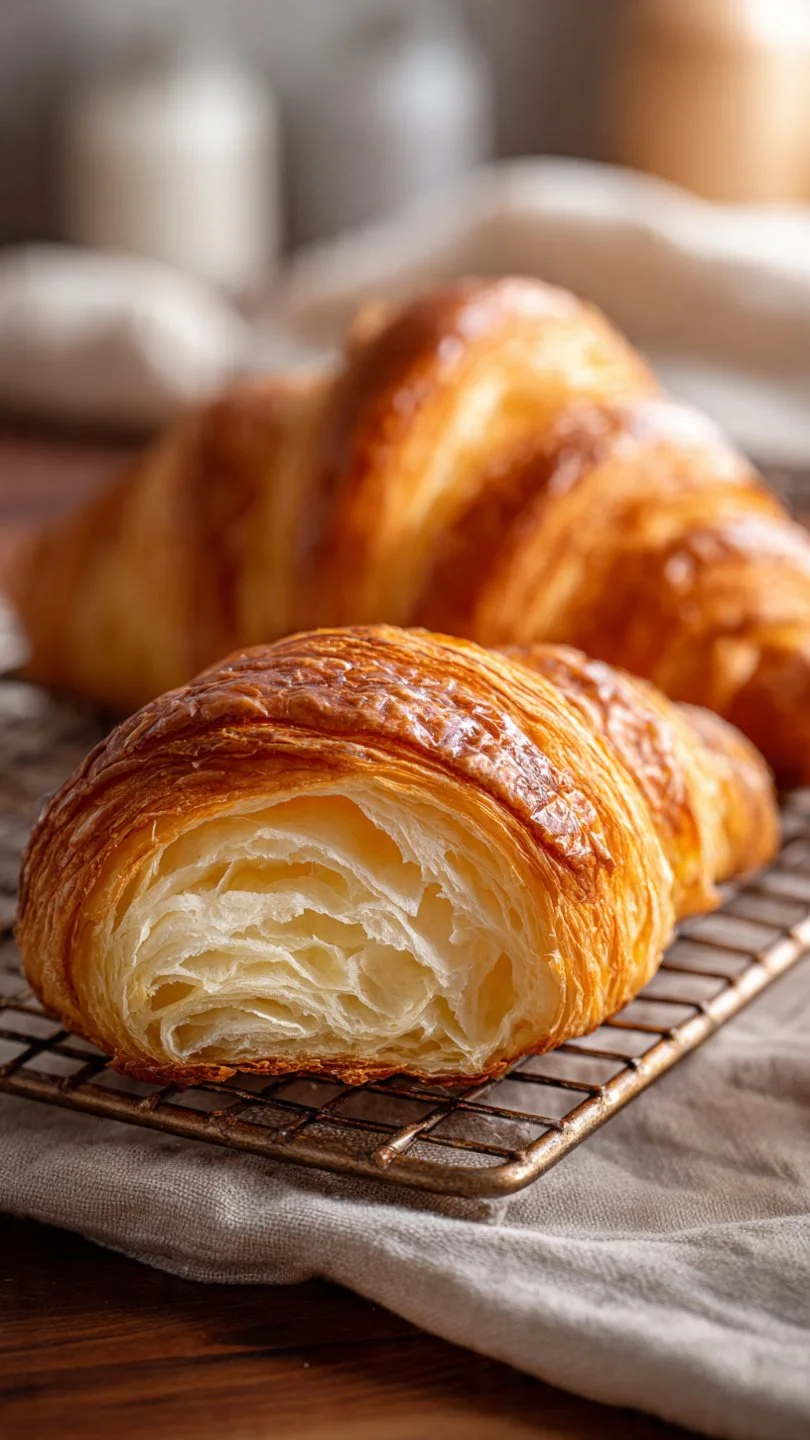 Freshly baked homemade croissants on a wooden table.