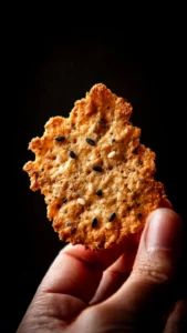 Homemade sourdough crackers on a wooden platter with herbs.