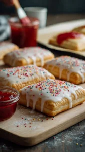 Fresh homemade sourdough pop tarts with fruit filling and icing on a plate