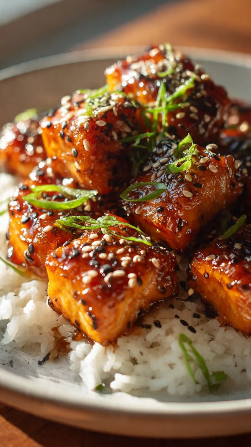Honey Garlic Salmon Bites served on a plate with herbs
