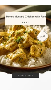 Plate of Honey Mustard Chicken served with rice garnished with herbs