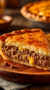 Delicious homemade cheeseburger pie topped with melted cheese and garnished.