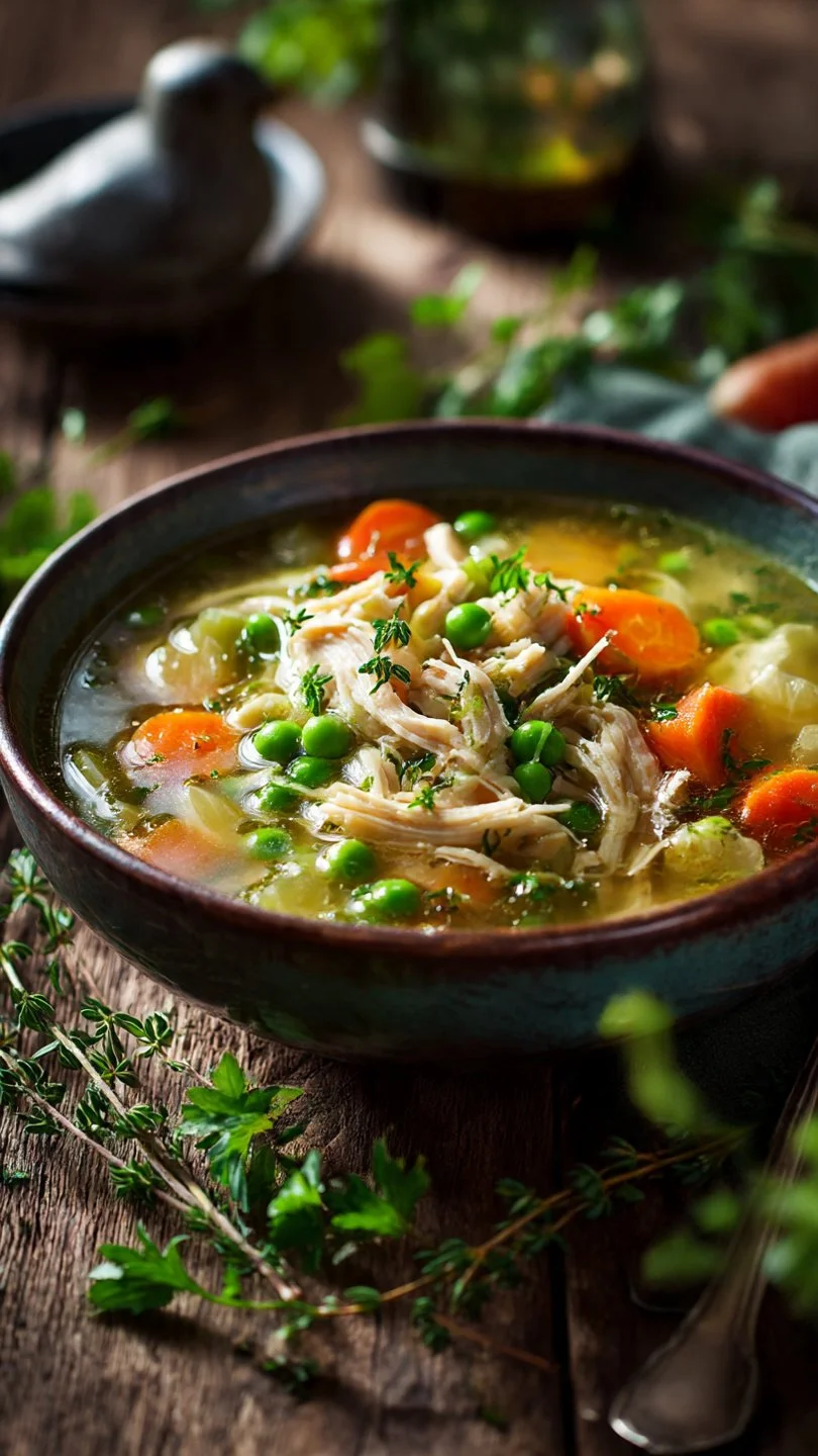 Bowl of delicious leftover turkey soup garnished with herbs