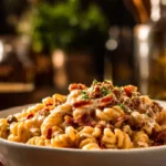 Creamy Loaded Bacon Cheeseburger Alfredo Pasta with crispy bacon and cheese