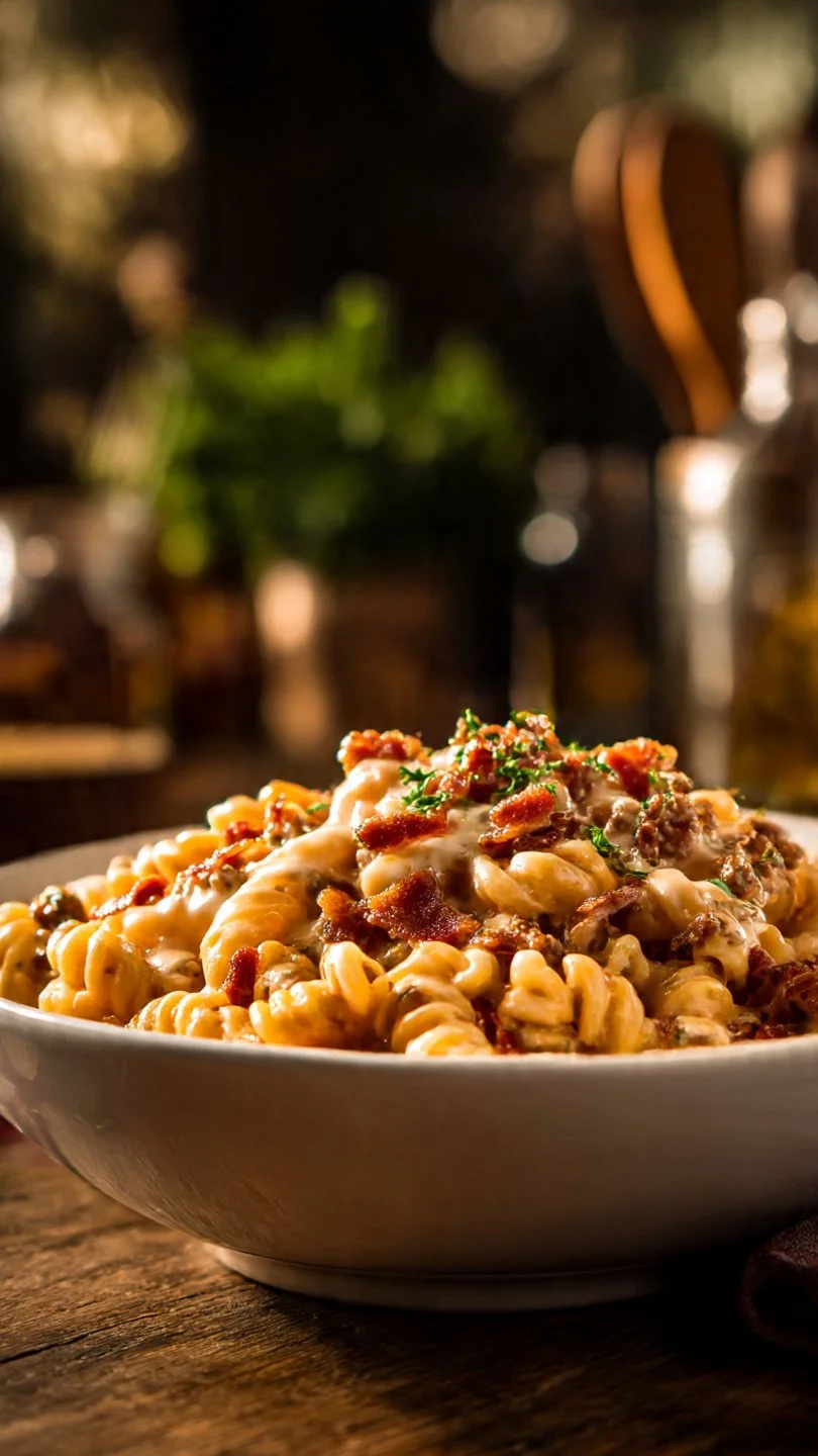 Creamy Loaded Bacon Cheeseburger Alfredo Pasta with crispy bacon and cheese