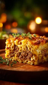 Delicious Mac and Cheese Meatloaf Casserole topped with breadcrumbs and cheese