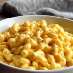 Bowl of creamy macaroni and cheese topped with breadcrumbs and herbs