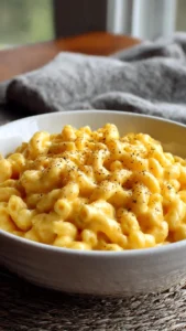Bowl of creamy macaroni and cheese topped with breadcrumbs and herbs