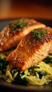 Mediterranean Salmon served with lemon orzo, showcasing vibrant ingredients and flavors.