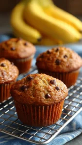 Freshly baked moist banana bread muffins on a cooling rack