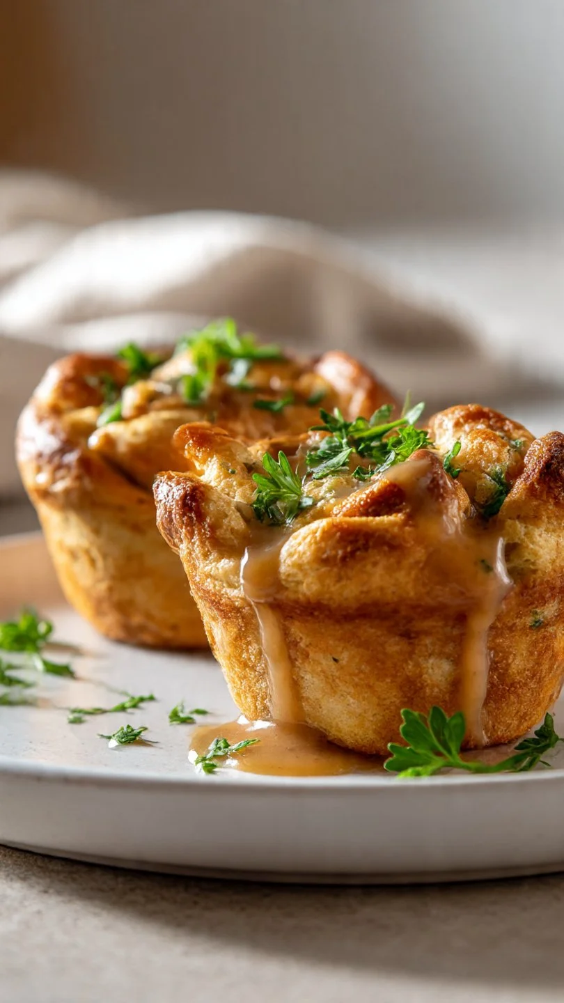 Muffin tin filled with turkey stuffing cups, perfect for holiday meals
