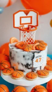 Delicious naked basketball cake decorated with basketball elements.